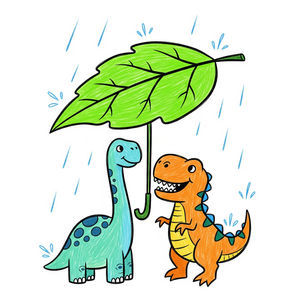 Two Dinosaurs Sharing a Leaf Umbrella in the Rain